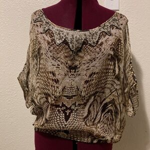 Cache Brown and Cream Patterned Blouse with Silver Accents